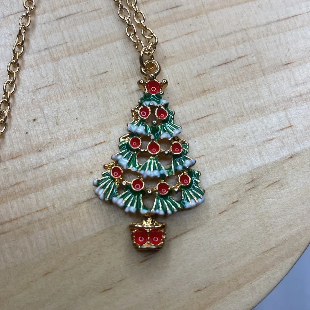 Frosted Decorated Christmas Tree Necklace Festive Holiday Merry Goldtone‎ 1.5in